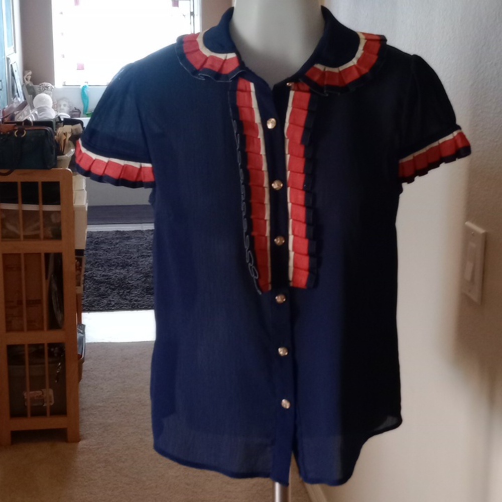 Pastel brand navy and red and cream blouse with pleated accents size small